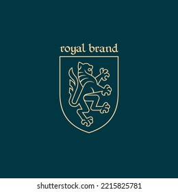 Lion on shield heraldic emblem. Logo design template. Linear style. Vector illustration.
