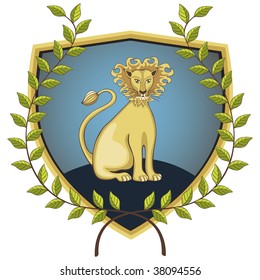 Lion on a shield surrounded by a laurel wreath. All objects on different layers, easy to edit.