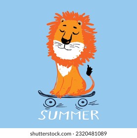 Lion on skateboard funny cool summer t-shirt print design. Skater in skatepark. Slogan. Skate safari animal illustration. Sport kids typography fashion nursery poster. Happy adorable pattern