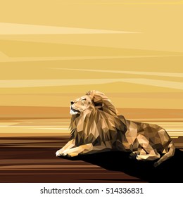 Lion on sun low poly design. Triangle vector illustration.