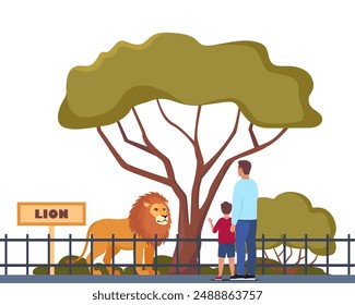 Lion on territory of wildlife zoo park surrounded by fence. Parent and kid watching animals in zoo park. Vector illustration