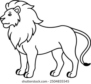 Lion outline illustration silhouette, with a majestic mane, standing in a powerful pose, drawn with minimalistic lines on a white background.