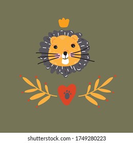 Lion painted in flat style for the design of postcard textiles and children's toys. Vector 