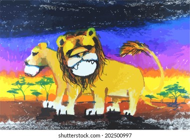 lion painting with colorful  background 