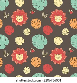 Lion and palm leaves seamless pattern vintage colors abstraction ornament