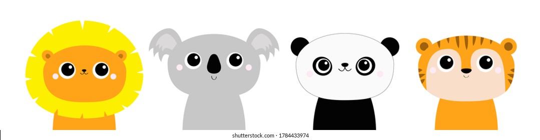 Lion Panda bear Koala Tiger round head face icon. Kawaii wild animal set. Cute cartoon character. Funny baby kids print. Love Greeting card. Flat design. White background Isolated. Vector illustration