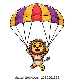 A lion Parachuting character vector, A cute lion flying with a parachute with cartoon style Creative vector design illustration.