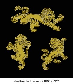 Lion patch.heraldic graphic of ancient lion. luxury rampant animal illustration in white background.