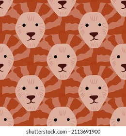 Lion pattern seamless in freehand style. Head predator on colorful background. Vector illustration for textile prints, fabric, banners, backdrops and wallpapers.
