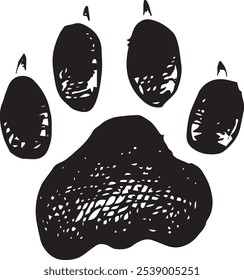 Lion paw - ilustração de vetor desenhado à mão de impressão de pata animal | gráfico da vida selvagem preto e branco