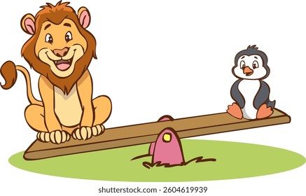 lion and penguin on seesaw.vector drawing for heavy and light concept