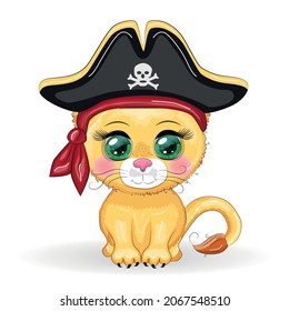 Lion pirate, cartoon character of the game, wild animal cat in a bandana and a cocked hat with a skull, with an eye patch. Character with bright eyes Isolated on white