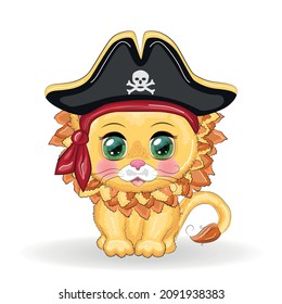 Lion pirate, cartoon character of the game, wild animal cat in a bandana and a cocked hat with a skull, with an eye patch. Character with bright eyes Isolated on white