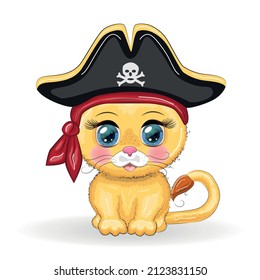 Lion pirate, cartoon character of the game, wild animal cat in a bandana and a cocked hat with a skull, with an eye patch. Character with bright eyes Isolated on white
