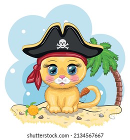 Lion pirate, cartoon character of the game, wild animal cat in a bandana and a cocked hat with a skull, with an eye patch. Character with bright eyes on the beach with palm trees