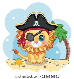 Lion pirate, cartoon character of the game, wild animal cat in a bandana and a cocked hat with a skull, with an eye patch. Character with bright eyes on the beach with palm trees