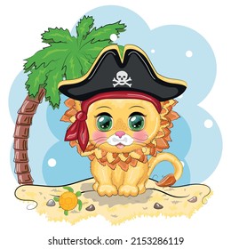 Lion pirate, cartoon character of the game, wild animal cat in a bandana and a cocked hat with a skull, with an eye patch. Character with bright eyes on the beach with palm trees