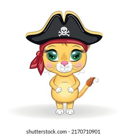 Lion pirate, cartoon character of the game, wild animal cat in a bandana and a cocked hat with a skull, with an eye patch. Character with bright eyes Isolated on white