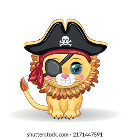 Lion pirate, cartoon character of the game, wild animal cat in a bandana and a cocked hat with a skull, with an eye patch. Character with bright eyes Isolated on white