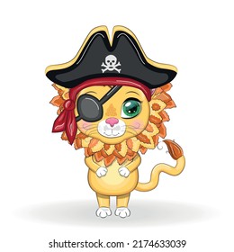 Lion pirate, cartoon character of the game, wild animal cat in a bandana and a cocked hat with a skull, with an eye patch. Character with bright eyes Isolated on white