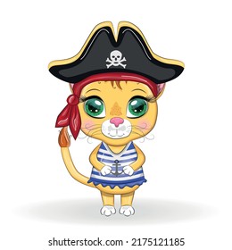 Lion pirate, cartoon character of the game, wild animal cat in a bandana and a cocked hat with a skull, with an eye patch. Character with bright eyes Isolated on white