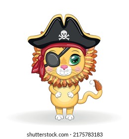 Lion pirate, cartoon character of the game, wild animal cat in a bandana and a cocked hat with a skull, with an eye patch. Character with bright eyes Isolated on white
