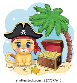 Lion pirate, cartoon character of the game, wild animal cat in a bandana and a cocked hat with a skull, with an eye patch. Character with bright eyes and treasure chest