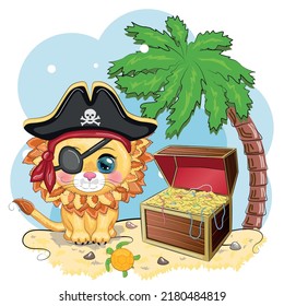 Lion pirate, cartoon character of the game, wild animal cat in a bandana and a cocked hat with a skull, with an eye patch. Character with bright eyes and treasure chest