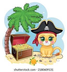 Lion pirate, cartoon character of the game, wild animal cat in a bandana and a cocked hat with a skull, with an eye patch. Character with bright eyes and treasure chest