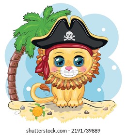 Lion pirate, cartoon character of the game, wild animal cat in a bandana and a cocked hat with a skull, with an eye patch. Character with bright eyes on the beach with palm trees