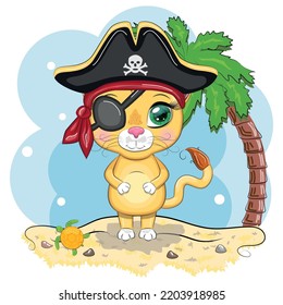 Lion Pirate, Cartoon Character Of The Game, Wild Animal Cat In A Bandana And A Cocked Hat With A Skull, With An Eye Patch. Character With Bright Eyes On The Beach With Palm Trees