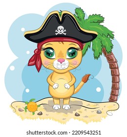 Lion pirate, cartoon character of the game, wild animal cat in a bandana and a cocked hat with a skull, with an eye patch. Character with bright eyes on the beach with palm trees