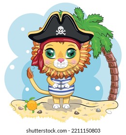 Lion pirate, cartoon character of the game, wild animal cat in a bandana and a cocked hat with a skull, with an eye patch. Character with bright eyes on the beach with palm trees