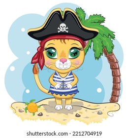 Lion pirate, cartoon character of the game, wild animal cat in a bandana and a cocked hat with a skull, with an eye patch. Character with bright eyes on the beach with palm trees