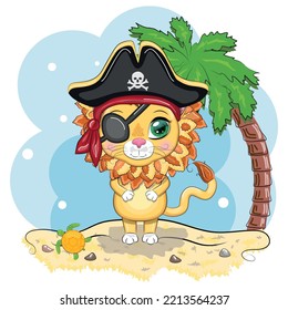 Lion pirate, cartoon character of the game, wild animal cat in a bandana and a cocked hat with a skull, with an eye patch. Character with bright eyes on the beach with palm trees