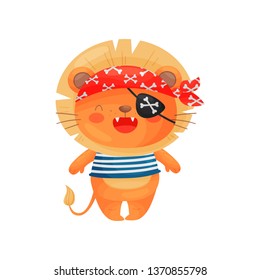 Lion pirate character in cartoon style, in a blue white vest, red bandana, black eyepatch.
