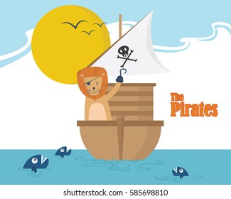 lion pirates with her ship at sea cartoon vector