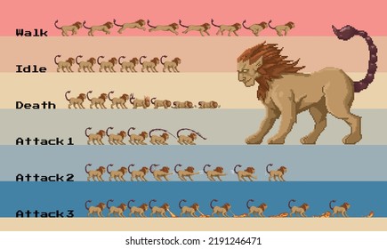 Lion pixel art sprite sheet animation character cartoon animate frame by frame vector game ready to use walk run attack defense idle