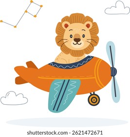 Lion in plane, hand drawn cartoon style. Suitable for kids illustrations and travel themes. White background with clouds and star constellation.