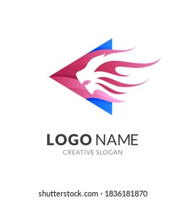 lion play logo, lion, fire and play button, Combination logo with 3d blue and red color style