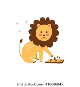 Lion Playing Chess Creative Funny And Cute Flat Design Vector Illustration In Simplified Mulicolor Style On White Background