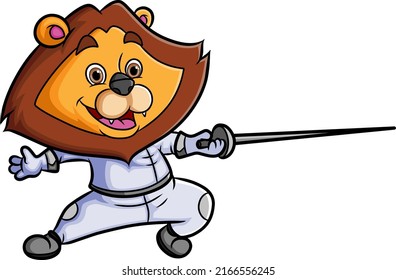 The lion is playing the fencing and holding the sword of illustration