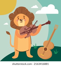 lion playing fiddle and guitar