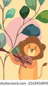 lion playing fiddle and tree