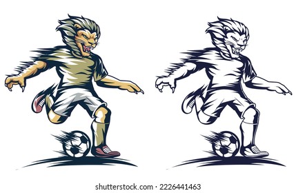 the lion playing football vector illustration 2 color version isolated