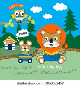lion is playing with mouse funny animal cartoon,vector illustration
