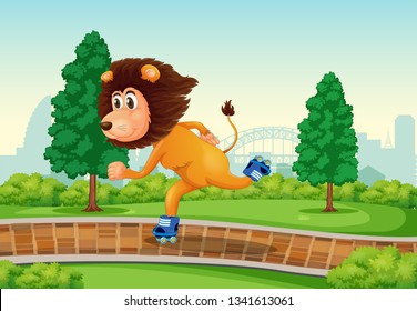 Lion playing roller skate in the park illustration