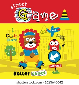 lion playing rollerskate in the city,funny animal cartoon,vector illustration