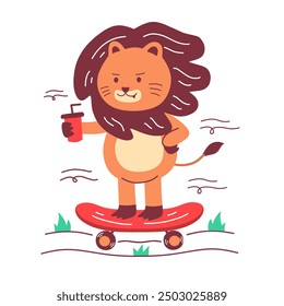 Lion playing skateboard while carrying cute drink. Cartoon illustration. Design concept for children. Good for children's t-shirts, stickers, drawing books and others