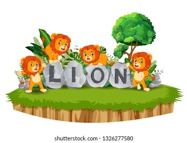 Lion are playing together in the garden with stone letter